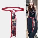 Scarf Belt Accessories For Wome Silk Ribbon Waist Chain Leather - Red