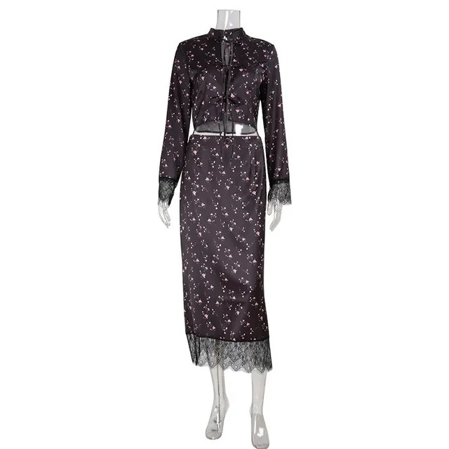 Women's Fashionable Printed Long Sleeve Lace Patchwork Skirt Set Black - Shop at LoveMi