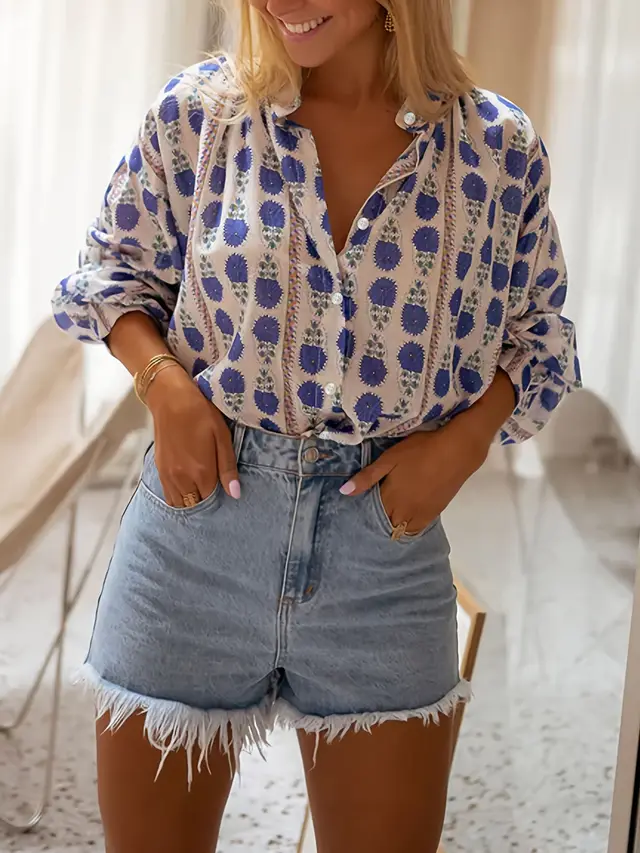 Women's Printed Casual Loose All Match Shirt Blue - Shop at LoveMi
