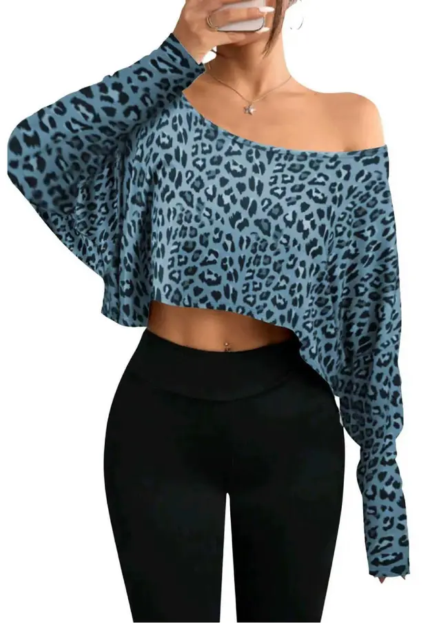 Women's Fashionable And Elegant Off shoulder Leopard print Top Blue - Shop at LoveMi