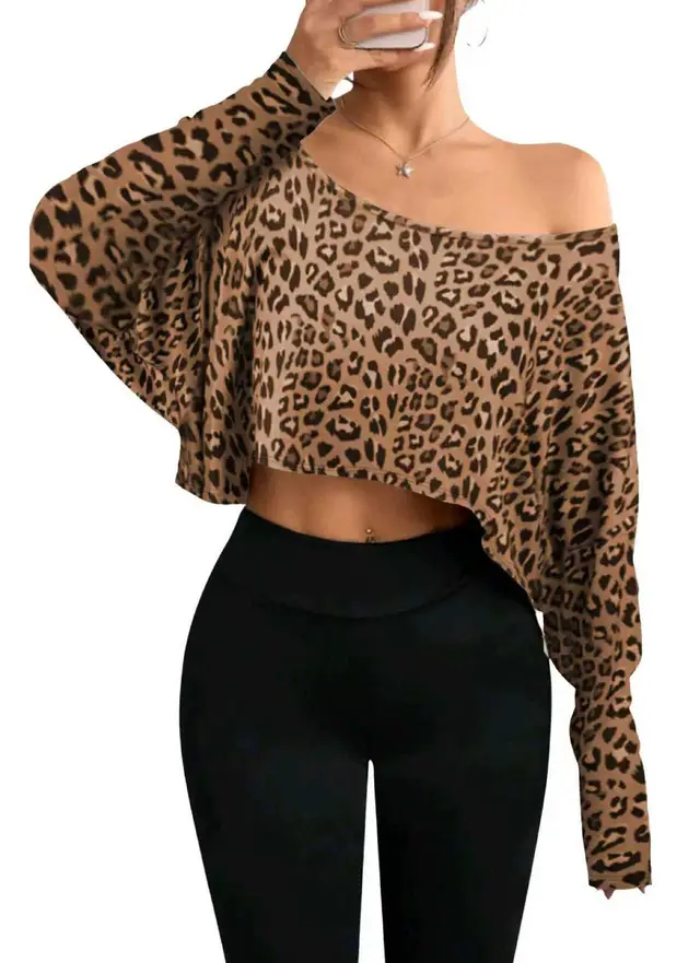 Women's Fashionable And Elegant Off shoulder Leopard print Top Brown - Shop at LoveMi