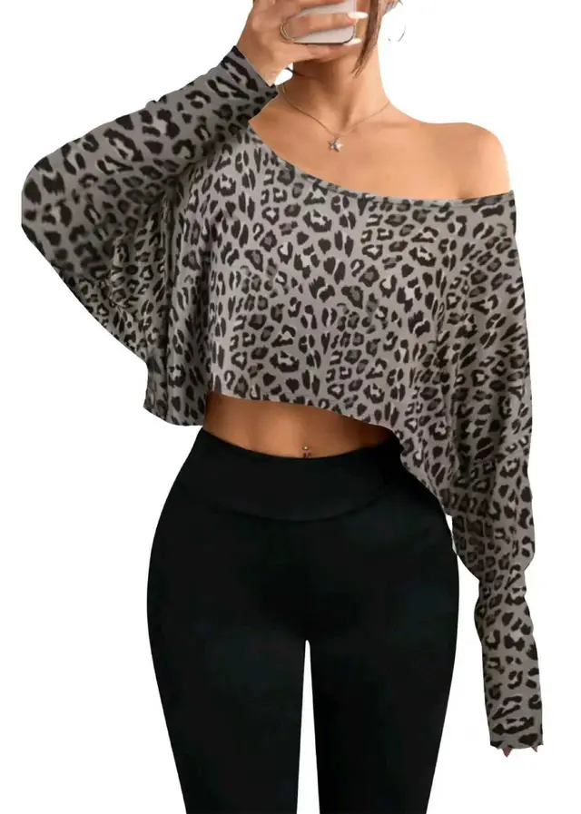 Women's Fashionable And Elegant Off shoulder Leopard print Top Gray - Shop at LoveMi