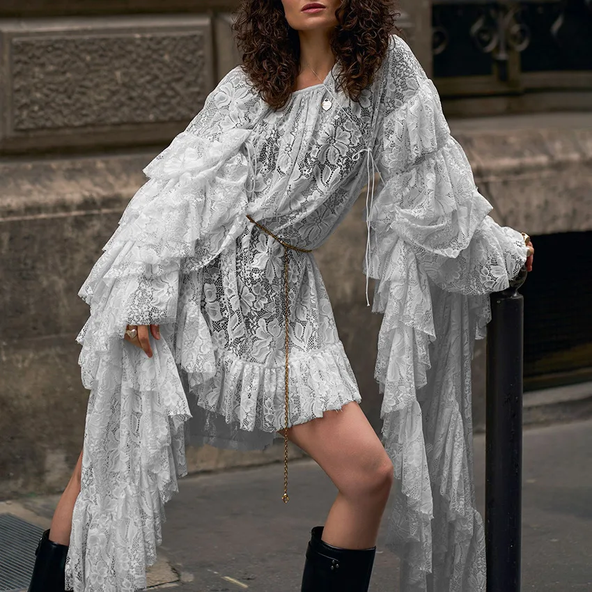 New Autumnwinter Lace Sheer Ruffled Long-sleeve Cropped Dress - White - View 1