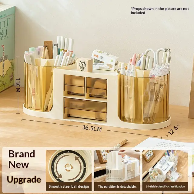 Drawer equipped Creative Double rotating Storage Boxluxury style Pen Holder For The Office Desk Cream Yellow - Shop at LoveMi
