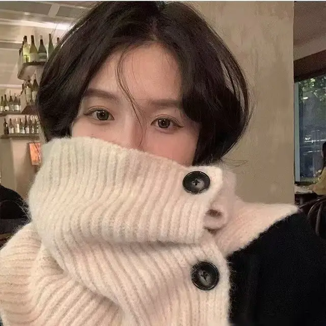 Korean style Women'snew Solid color Knitted Scarf Beige Buttoned Shawl - Shop at LoveMi