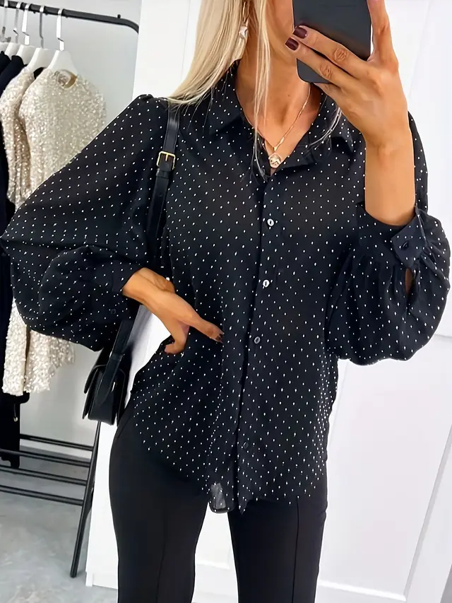 Women's Casual Loose Fitting Long Sleeve Polka Dot Shirt Black - Shop at LoveMi