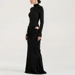 Women's Crew-neck Long-sleeve Solid-color Dress - Black