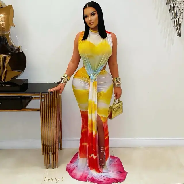 Elegant Gradient Color Strap Design Bodycon Maxi Dress For Women Yellow - Shop at LoveMi