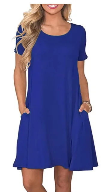 New Women's Round neck Solid color Casual Short sleeve Swing Dress With Pockets Blue - Shop at LoveMi