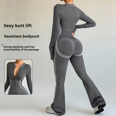 Frosted Contrasting Color Zipper Stand Up Collar Yoga Outdoor Sports Bootcut Jumpsuit With Butt Lifting Design Gray - Shop at LoveMi