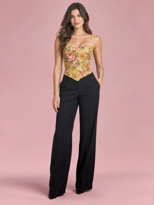 Retro Jacquard Oil Painting Colorful Fishbone Vest Lace up Bustier Yellow - Shop at LoveMi