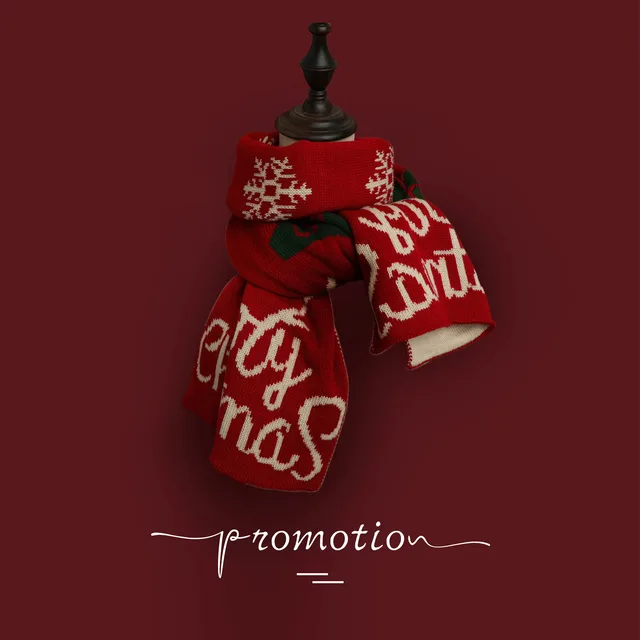 Red Knitted Scarf With Elk Print And Snowflake Pattern Designed For Warmth Antlers English - Shop at LoveMi