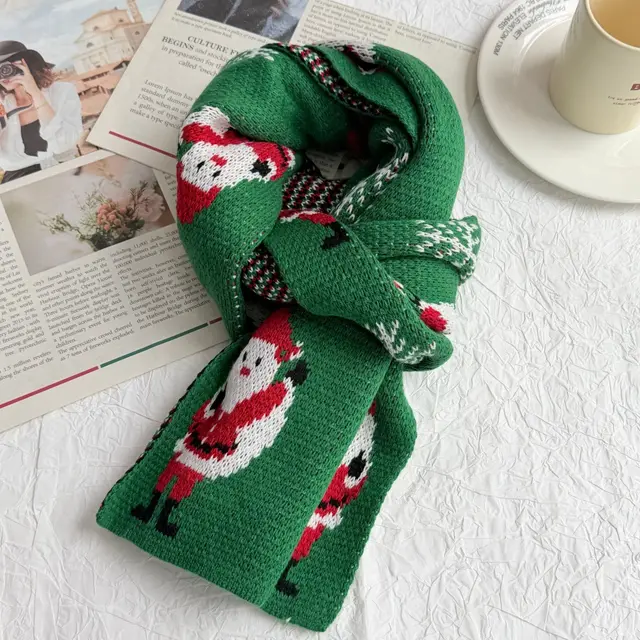 Red Knitted Scarf With Elk Print And Snowflake Pattern Designed For Warmth Santa Claus Green - Shop at LoveMi