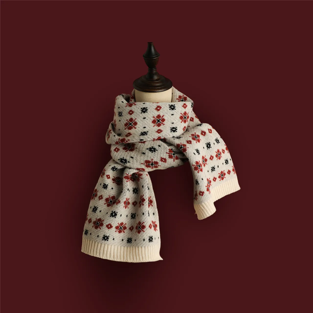 Red Knitted Scarf With Elk Print And Snowflake Pattern Designed For Warmth - Small Snow White