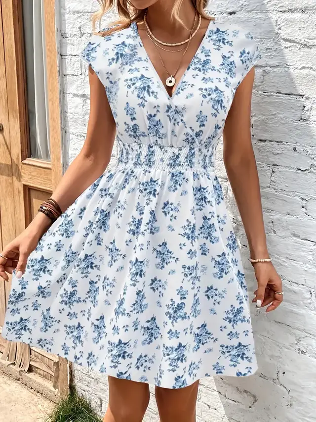 Women's Casual Loose fit V neck Floral Dress Blue - Shop at LoveMi