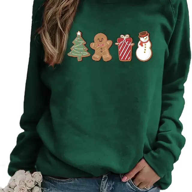 Snowman And Gingerbread Man Printed Sweater Comfortable And Casual Green - Shop at LoveMi