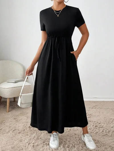 Women's Solid Colored Short Sleeve Drawstring Dress With Side Pockets Black - Shop at LoveMi
