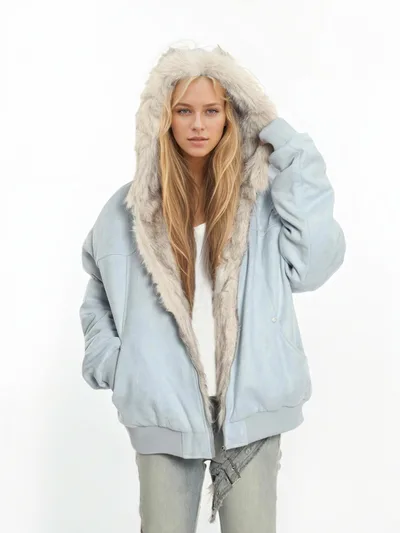 Winter Coat With A Fur Collar Made From Faux Suede For Warmth Light Blue - Shop at LoveMi