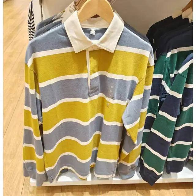Casual Polo Shirt Long sleeve Loose fit Striped T shirt Khaki - Shop at LoveMi