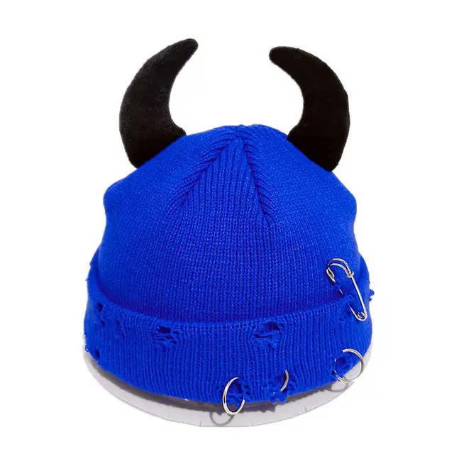 Knitted Wool Hat With Hole decorated Gourd shaped Devil ear Pins Blue And Black - Shop at LoveMi