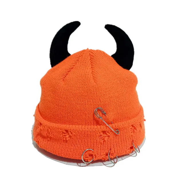 Knitted Wool Hat With Hole decorated Gourd shaped Devil ear Pins Orange Black - Shop at LoveMi