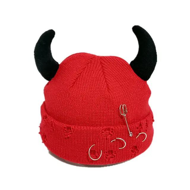 Knitted Wool Hat With Hole decorated Gourd shaped Devil ear Pins Red And Black - Shop at LoveMi