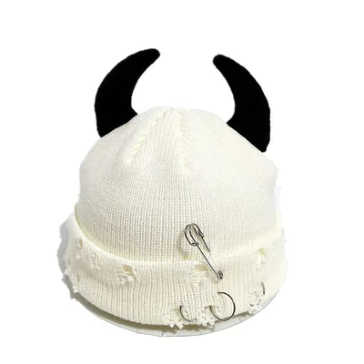 Knitted Wool Hat With Hole decorated Gourd shaped Devil ear Pins White And Black - Shop at LoveMi