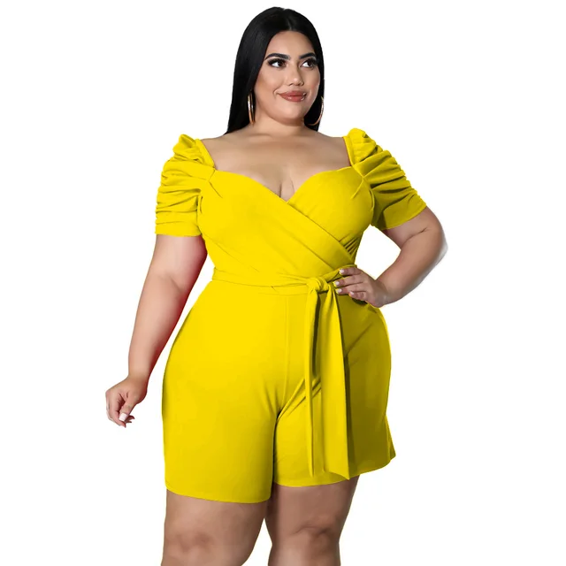 Women's Casual Fashionable And Sexy Solid Colored Belted Jumpsuit In Plus Sizes Yellow - Shop at LoveMi