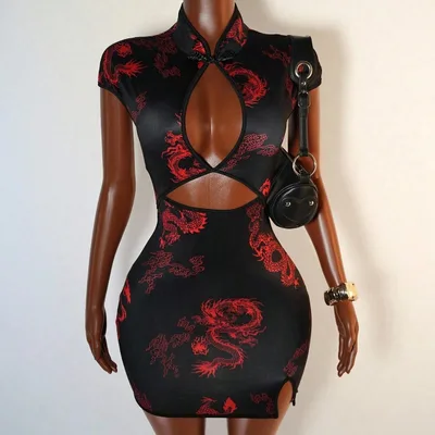 Summer Chinese style Dragon print Short sleeve Cheongsam Dress Black - Shop at LoveMi