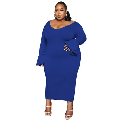 Fashionable And Sexy Plus Size Women's Solid Color Elegant V Neck Maxi Dress Colorful Blue - Shop at LoveMi
