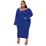 Fashionable And Sexy Plus-Size Women's Solid-Color Elegant V-Neck Maxi Dress - Colorful Blue - View 1