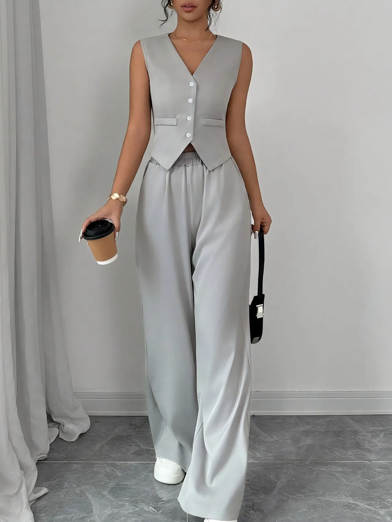 Elegant Button-front Sleeveless Vest And Trousers Set - Gray