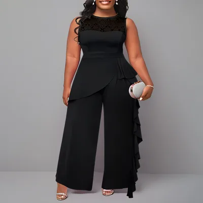 Solid color Elegant Patchwork Loose fitting Straight leg Jumpsuit Black - Shop at LoveMi