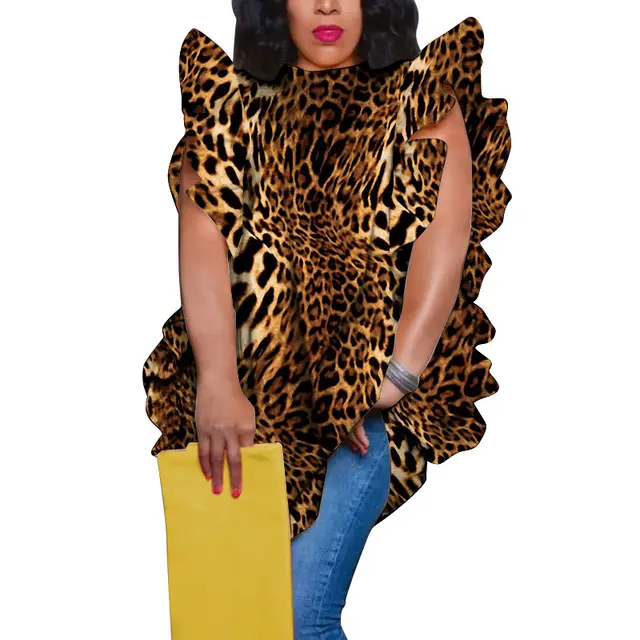 Women's Plus Size Printed Crew Neck Ruffle Trim Loose Fit Blouse Leopard Print - Shop at LoveMi