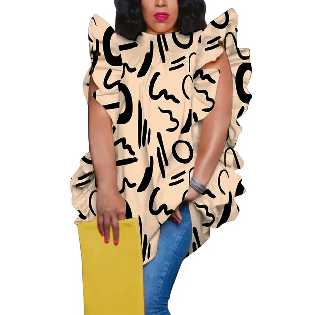 Women's Plus Size Printed Crew Neck Ruffle Trim Loose Fit Blouse Letters - Shop at LoveMi