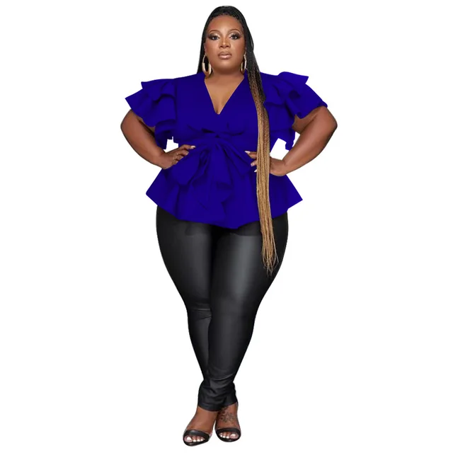 Women's Casual All Match V Neck Ruffle Sleeve Pleated Blouse Top Colorful Blue - Shop at LoveMi