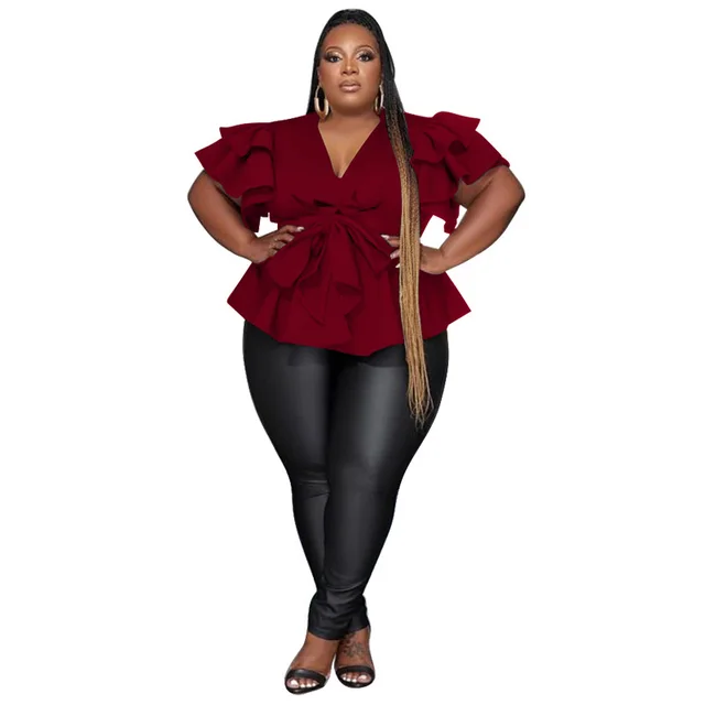 Women's Casual All Match V Neck Ruffle Sleeve Pleated Blouse Top Wine Red - Shop at LoveMi
