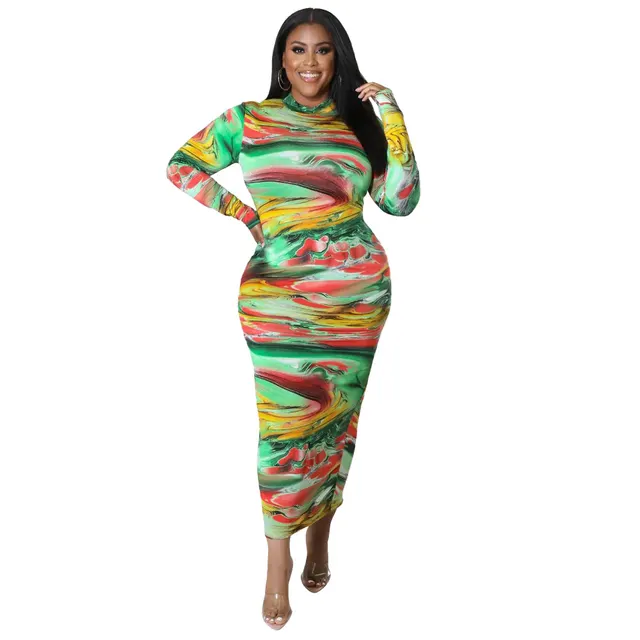Tight fitting Sexy Printed Plus size Dress Green - Shop at LoveMi