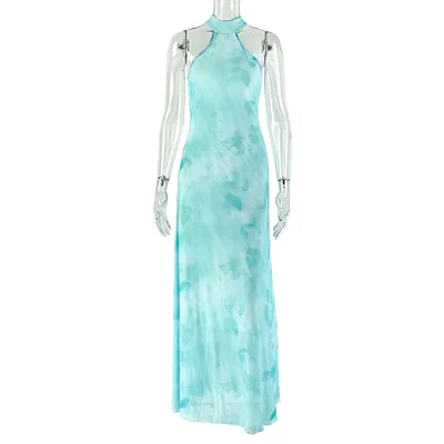 Micro perforated Casual Seaside Fresh style A line Dress With A Halter Neck Blue - Shop at LoveMi