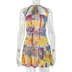 Women's Figure-flattering Backless Printed Color-block A-line Dress - Color-M