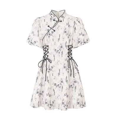 Retro Chinese style Dress With Traditional Frog Buttons And Bubble Sleeves Ink Painting L - Shop at LoveMi