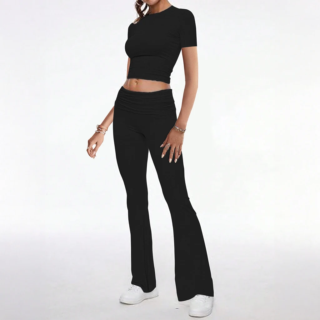 European And American-style Sporty Short-sleeve T-shirt And Long Pants Two-piece Women's Outfit - Black