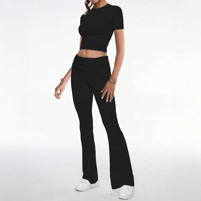 European And American style Sporty Short sleeve T shirt And Long Pants Two piece Women's Outfit Black - Shop at LoveMi