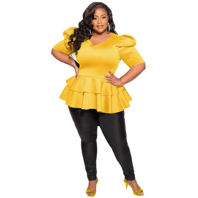 Plus size Women's Clothing Ruffled Short sleeve T shirt Top Yellow - Shop at LoveMi