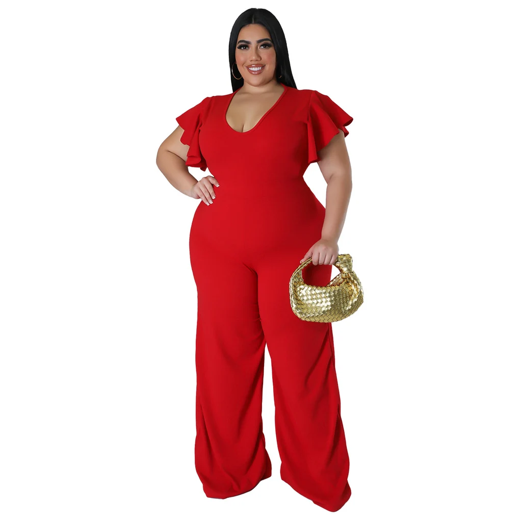 New Multi-color Lotus-leaf Women's Wide-leg Pants - Red