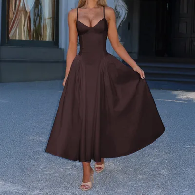 Elegant High end Strapless Solid color Long Dress Brown - Shop at LoveMi