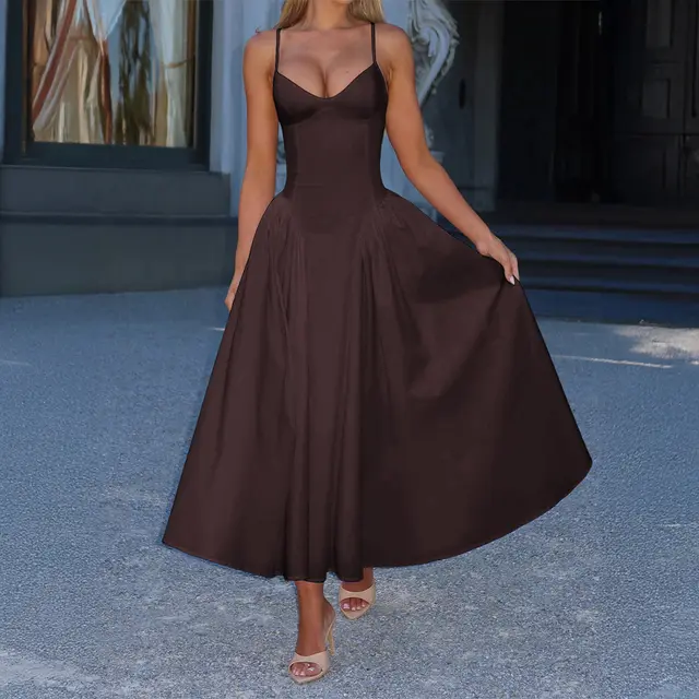 Elegant High end Strapless Solid color Long Dress Brown - Shop at LoveMi