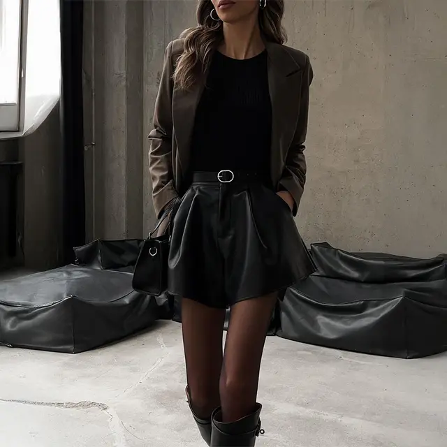 Elegant Chic Casual Versatile Solid color Leather Shorts For Women Black - Shop at LoveMi