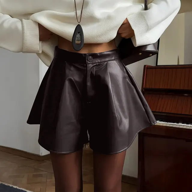 Elegant Chic Casual Versatile Solid color Leather Shorts For Women Brown - Shop at LoveMi