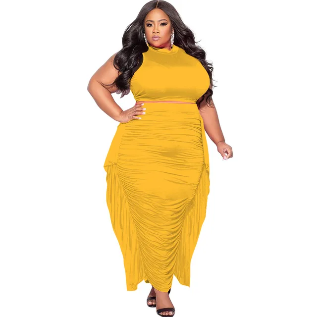 Women's Sexy Bodycon Tassel Sleeveless Plus Size Two Piece Set Yellow - Shop at LoveMi